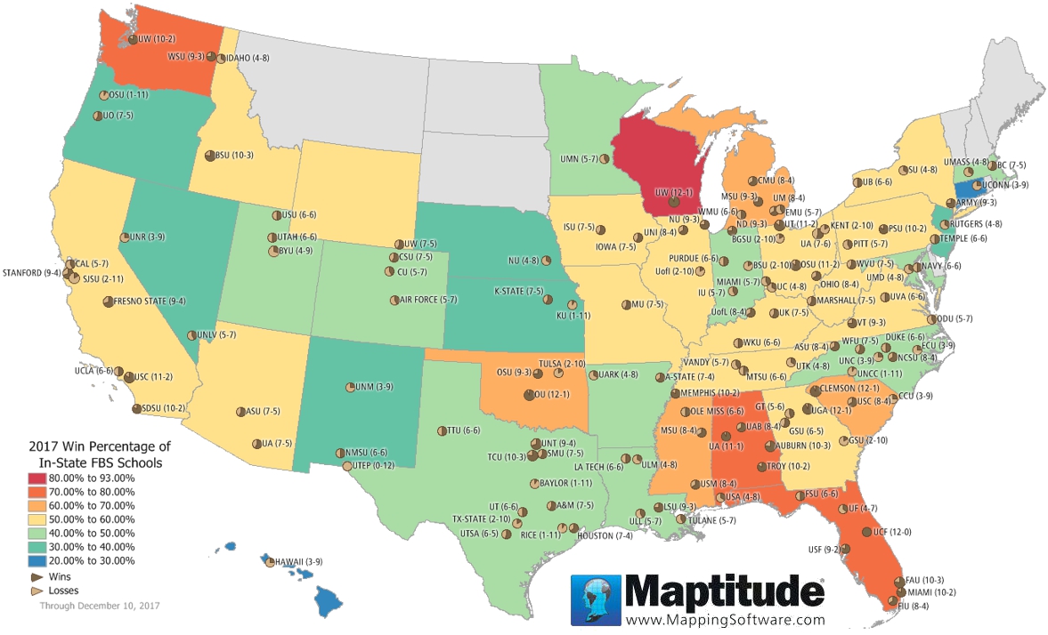 Maptitude mapping software map infographic of 2017 win percentage of FBS schools by state