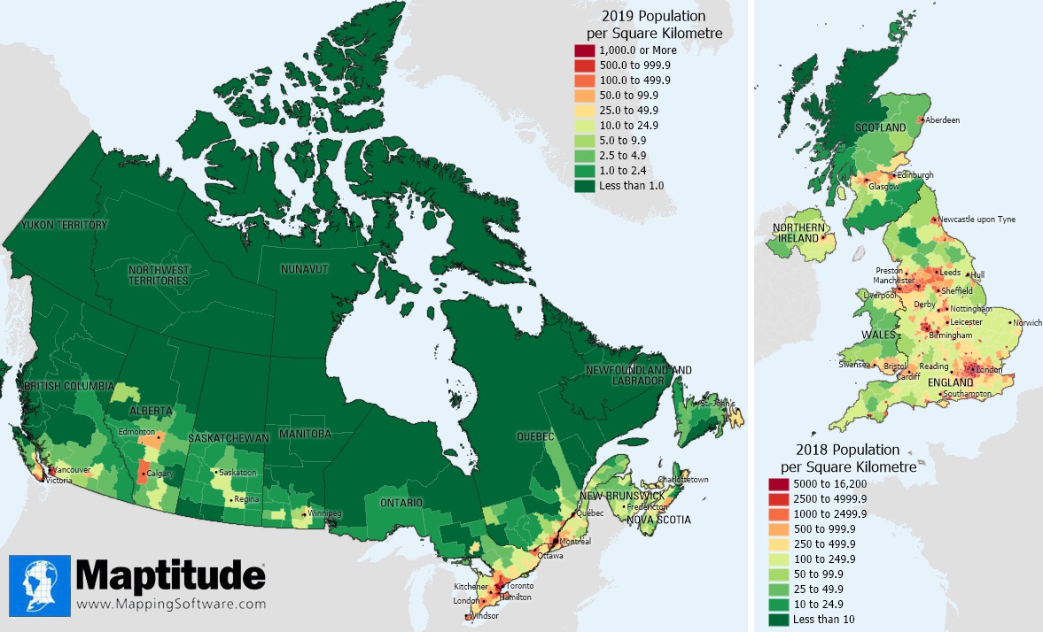 Maptitude mapping software map of Canada and UK population density based on the latest available estimates.