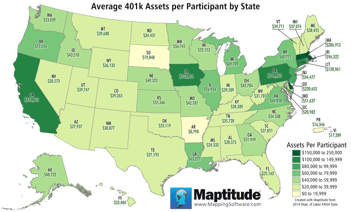Maptitude mapping software map infographic of average 401k assets per participant