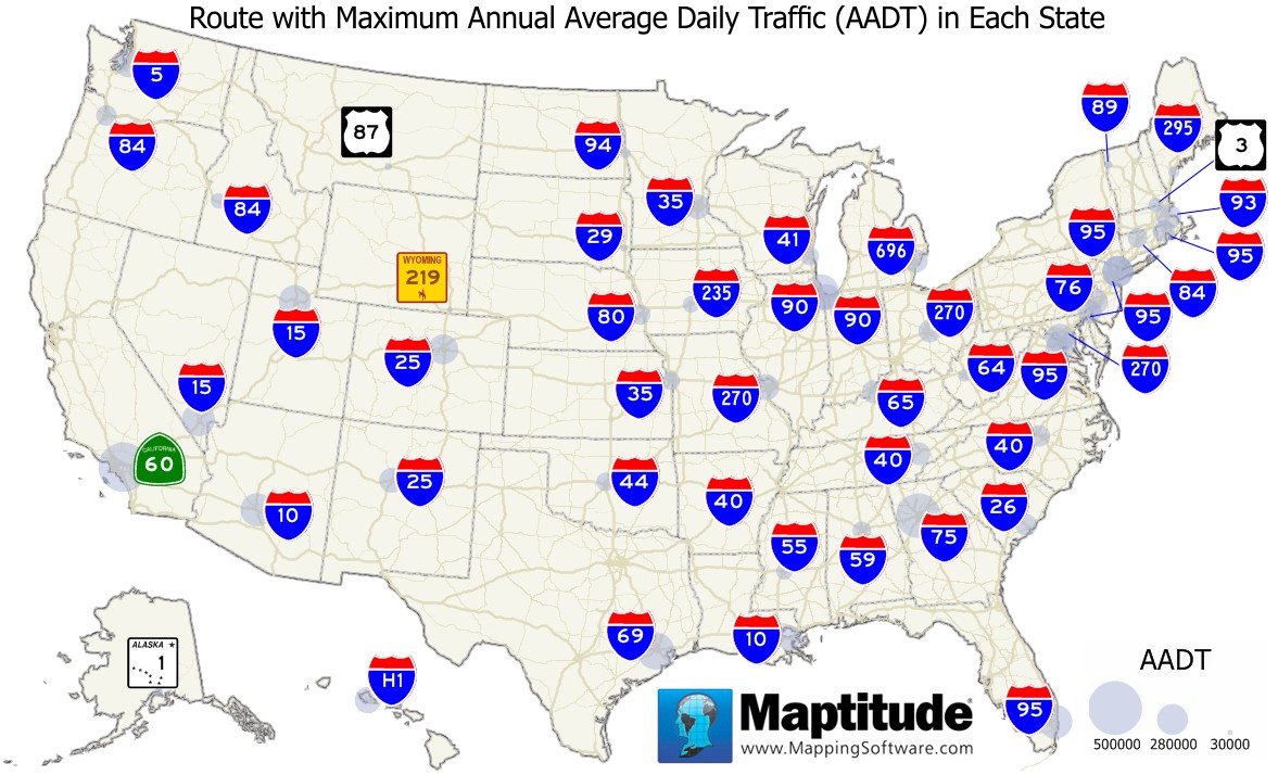 Maptitude mapping software map infographic of maximum traffic count in each state