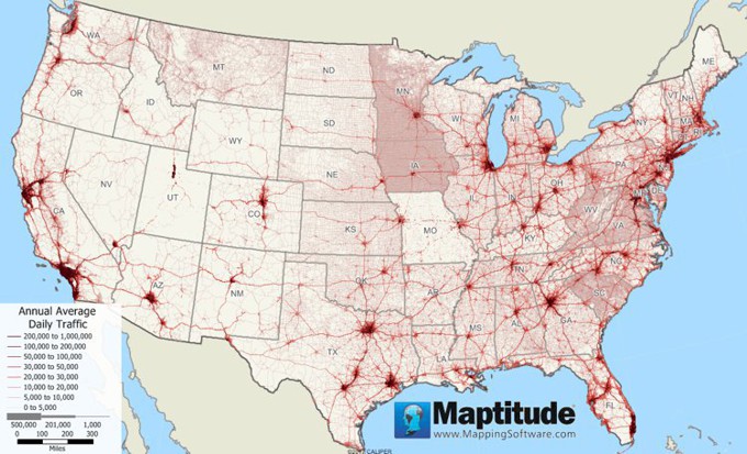 Maptitude Map of AADT Traffic Counts
