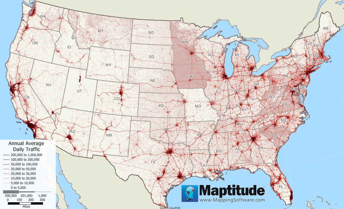Maptitude mapping software map infographic of annual average daily traffic volume