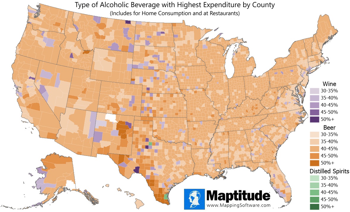 Maptitude mapping software map infographic showing which of wine, beer, and distilled spirits accounts for the most spending in each U.S. county