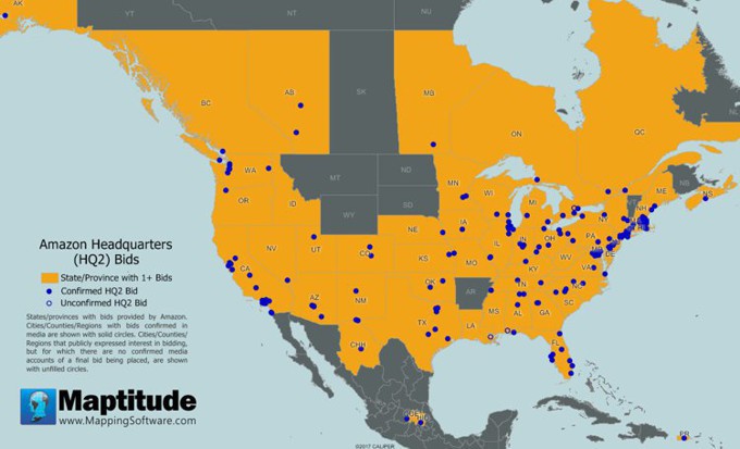 Maptitude map of Amazon HQ2 Bids