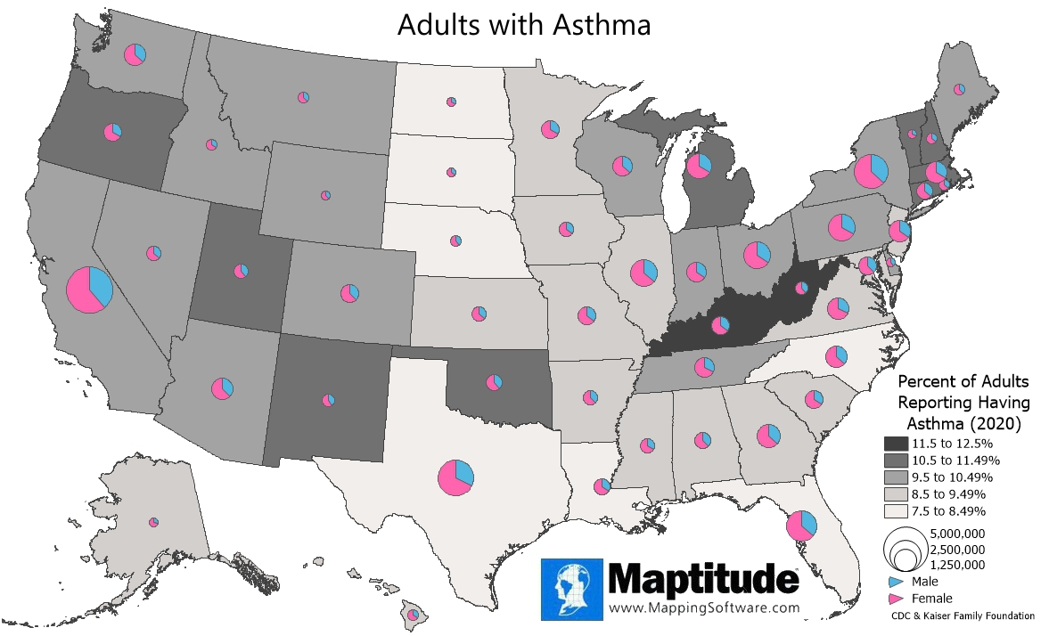Maptitude mapping software map infographic of adults with asthma by state 