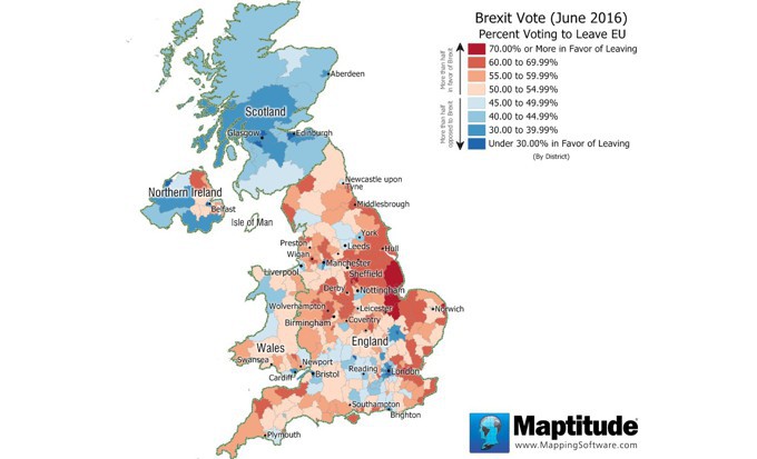 Maptitude map showing the results of the Brexit vote by UK District
