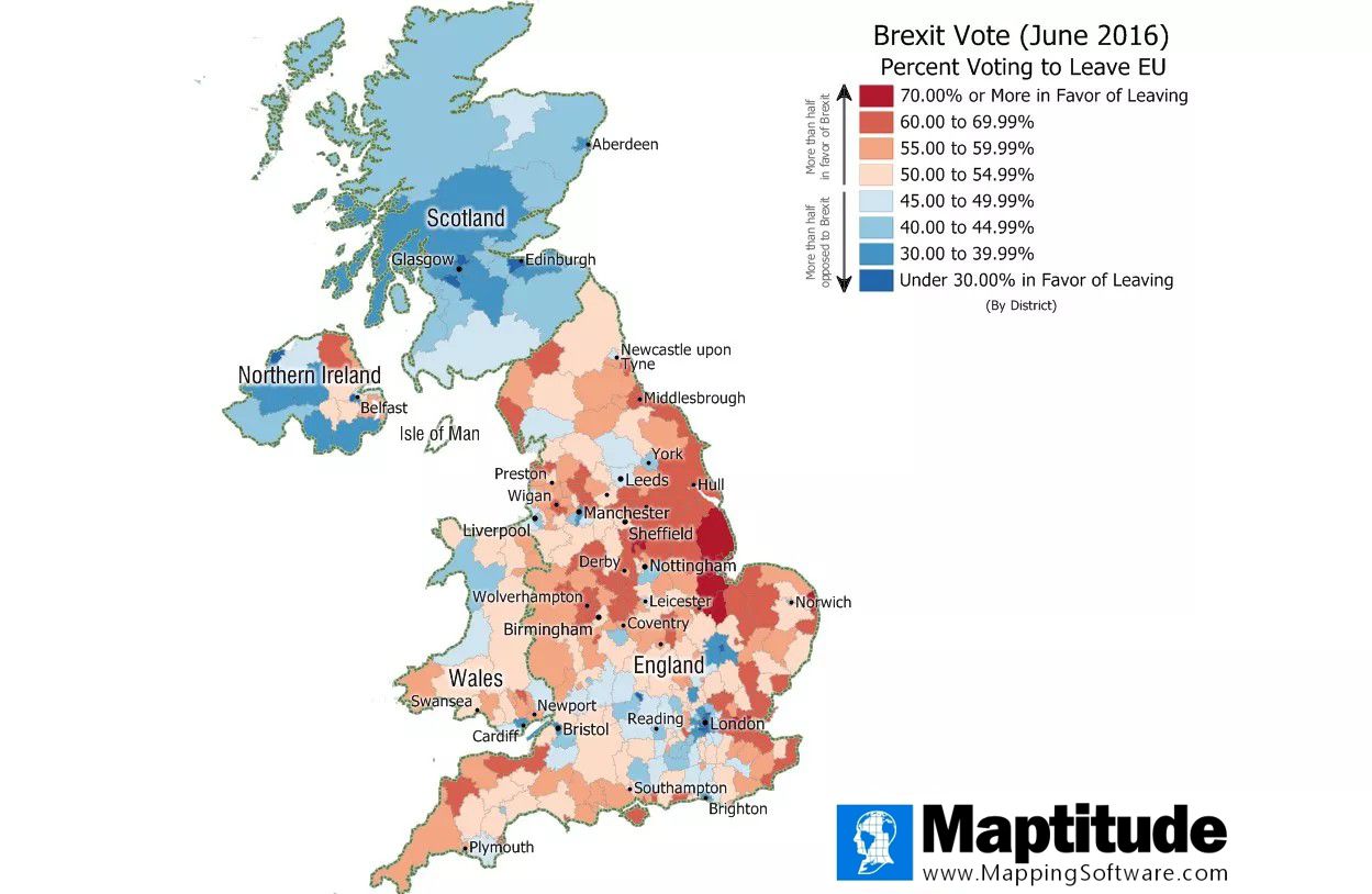 Maptitude map showing the results of the Brexit vote by UK District