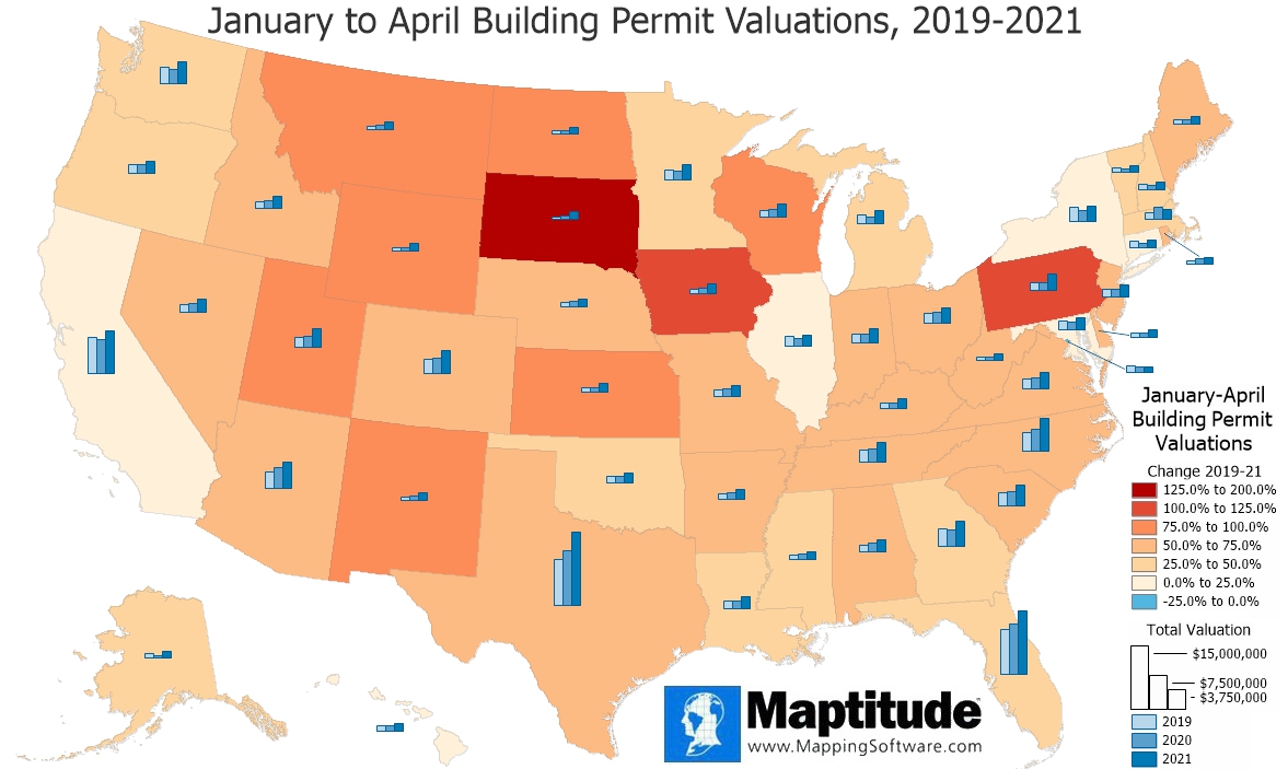 Maptitude mapping software infographic of Building Permit Valuations (2019-2021)