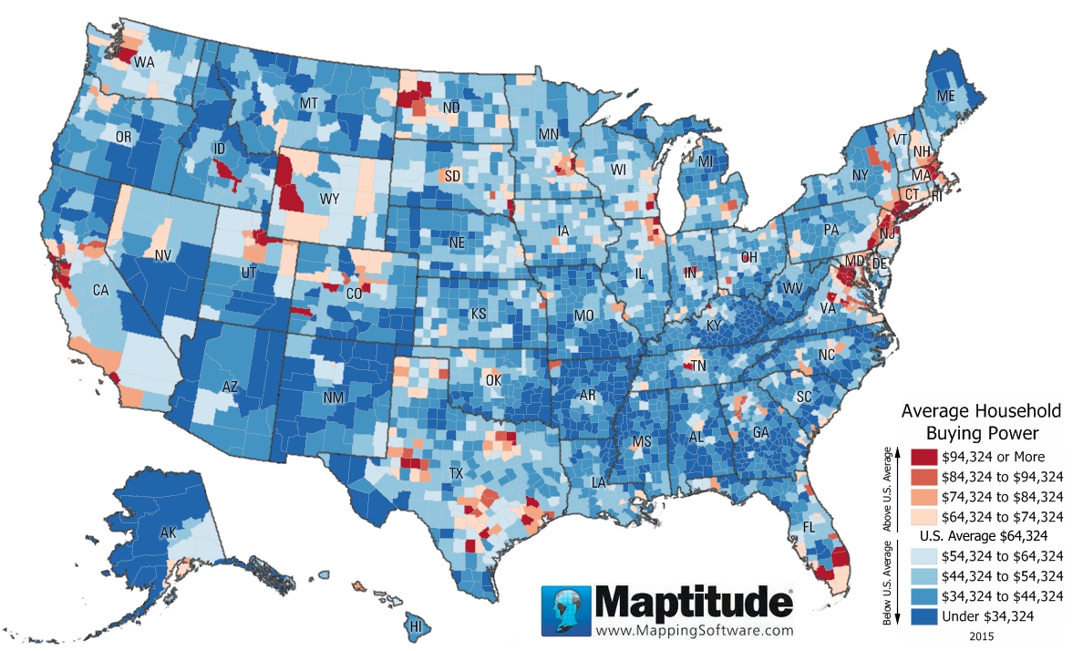 Maptitude mapping software map infographic of average household buying power by county
