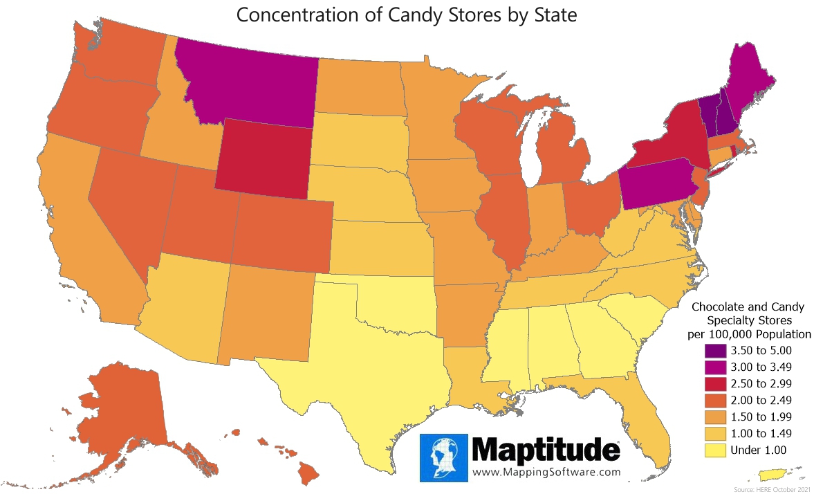 Maptitude mapping software infographic showing the Candy Stores by State by Drive Time
