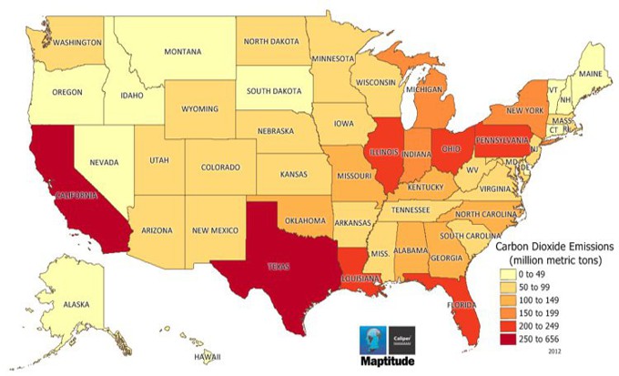 Maptitude map of carbon dioxide emissions by state