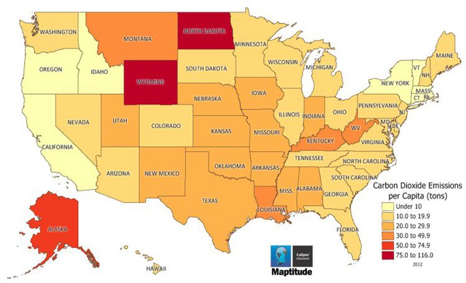 Maptitude map of per capita carbon dioxide emissions by state
