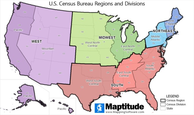 Maptitude map Census Regions and Divisions