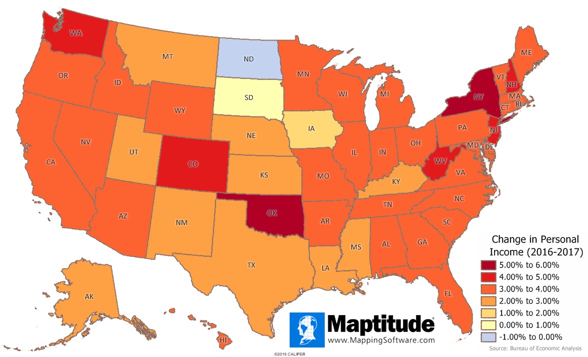 Maptitude map one-year change in personal income
