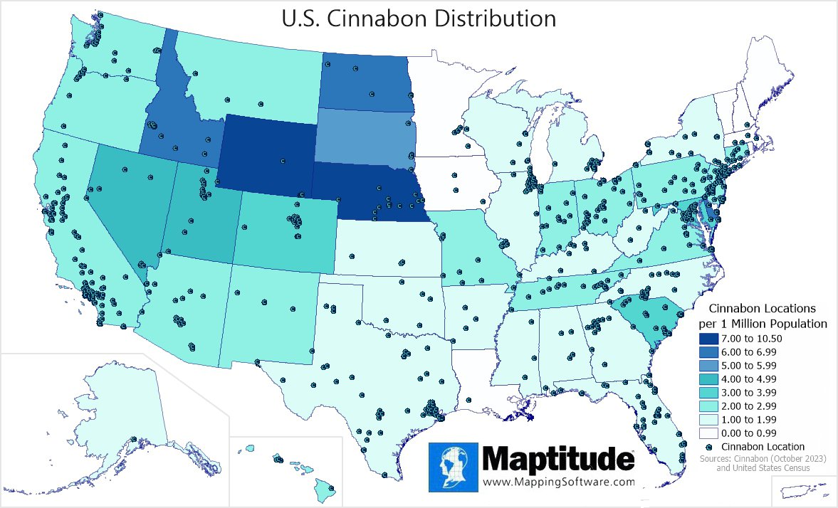 Maptitude mapping software infographic of Cinnabon stores by state for October 4 National Cinnamon Bun Day