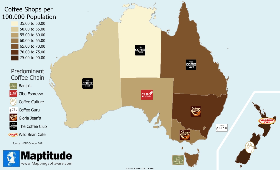 Maptitude mapping software map infographic of coffee chain concentration in Australia and New Zealand