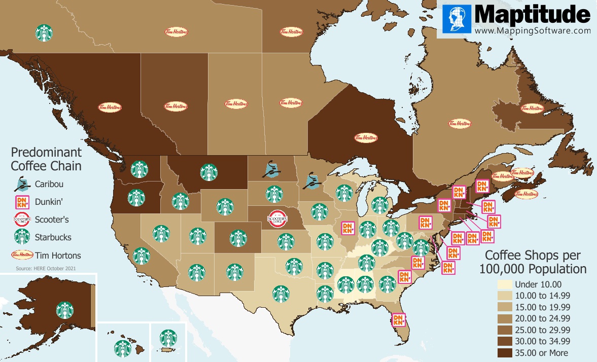 Maptitude mapping software map infographic of coffee chain concentration in U.S. states and Canada provinces