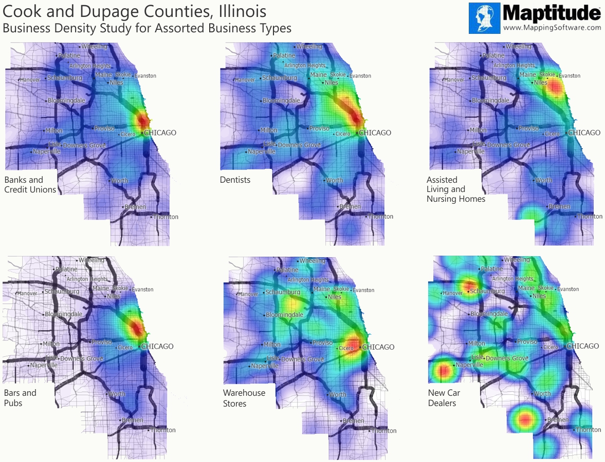 Maptitude mapping software map infographic of different business types in Cook and DuPage County, Illinois