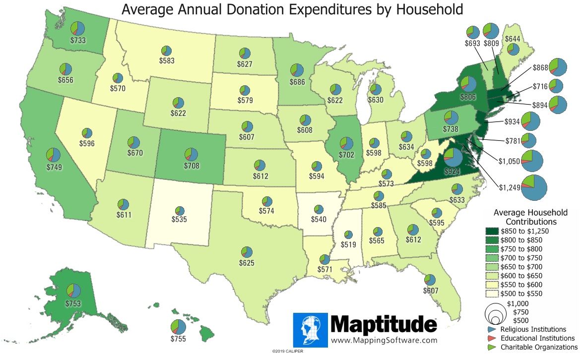 Maptitude mapping software infographic of average annual household donation expenditures by state