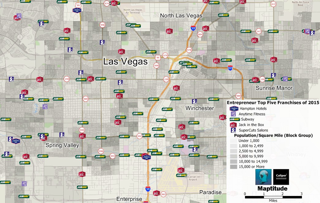 Maptitude map of top five franchises of 2015 in Las Vegas