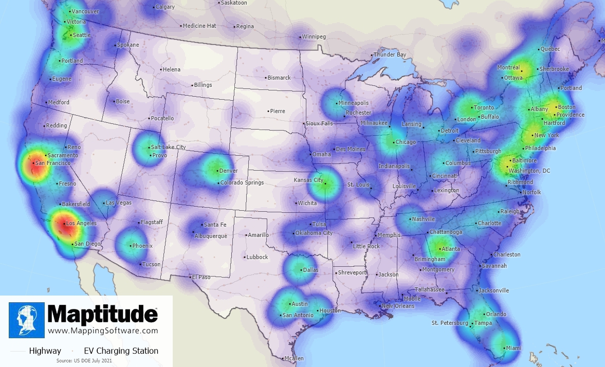 Maptitude mapping software infographic of Prevalence U.S. and Canada EV Charging Stations