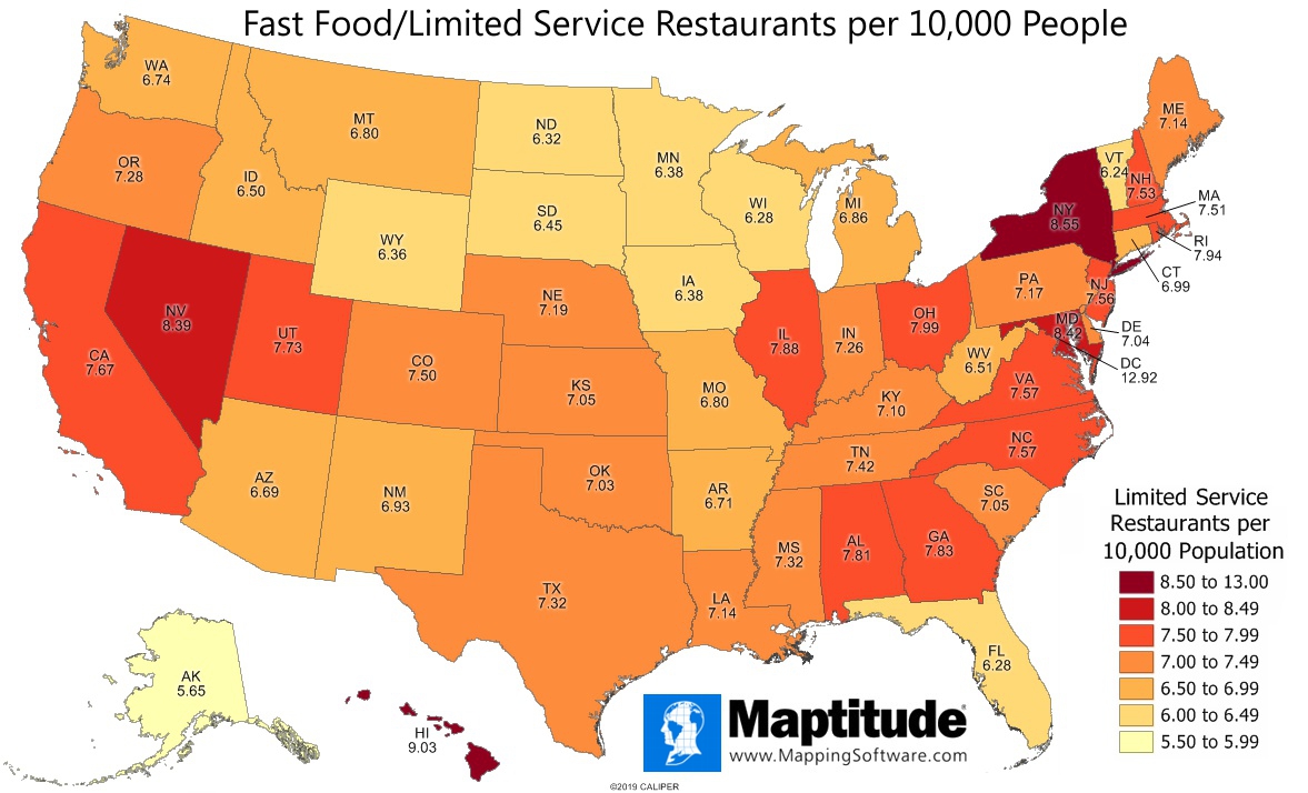 Maptitude mapping software map infographic of limited-service/fast food restaurants by U.S. state - Maptitude Infographic