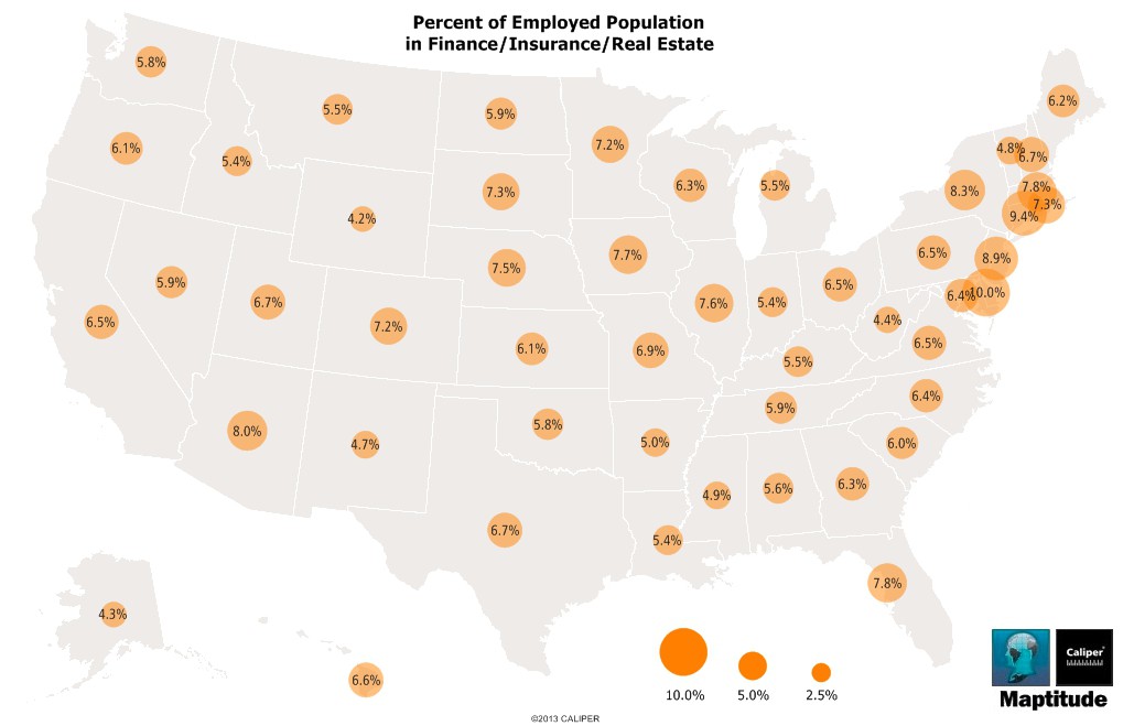 Percent Emplohyed in Finance/Insurance/Real Estate Maptitude Map