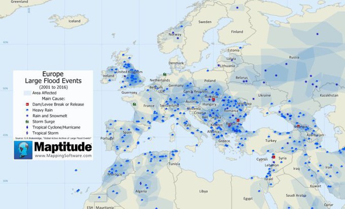 Maptitude map of European flood events