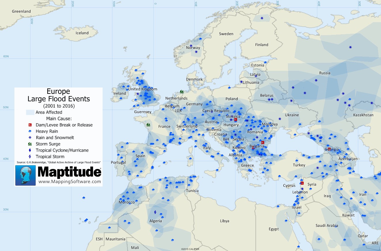 Maptitude map of Europe areas affected by flooding events 2001-2016