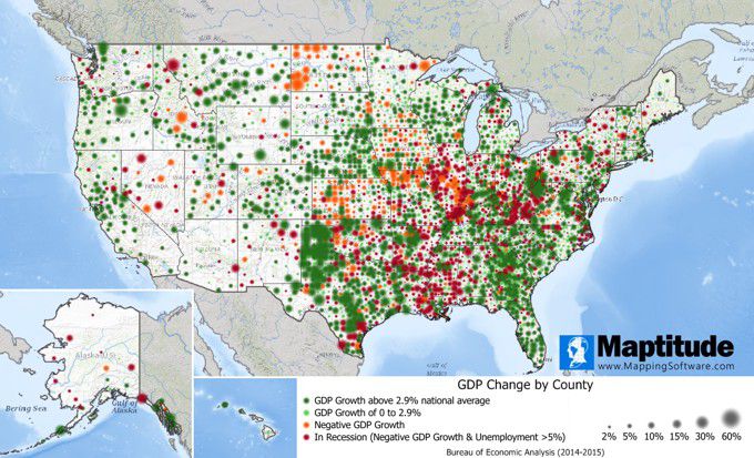 Maptitude map of GDP change by county