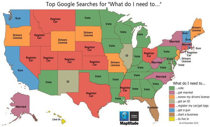 Maptitude map of top Google searches for 'What do I need...'