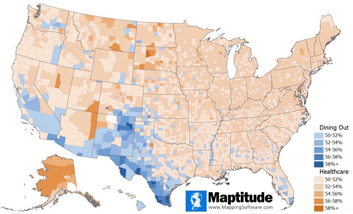 Maptitude mapping software map infographic comparing healthcare to restaurant spending in each U.S. county