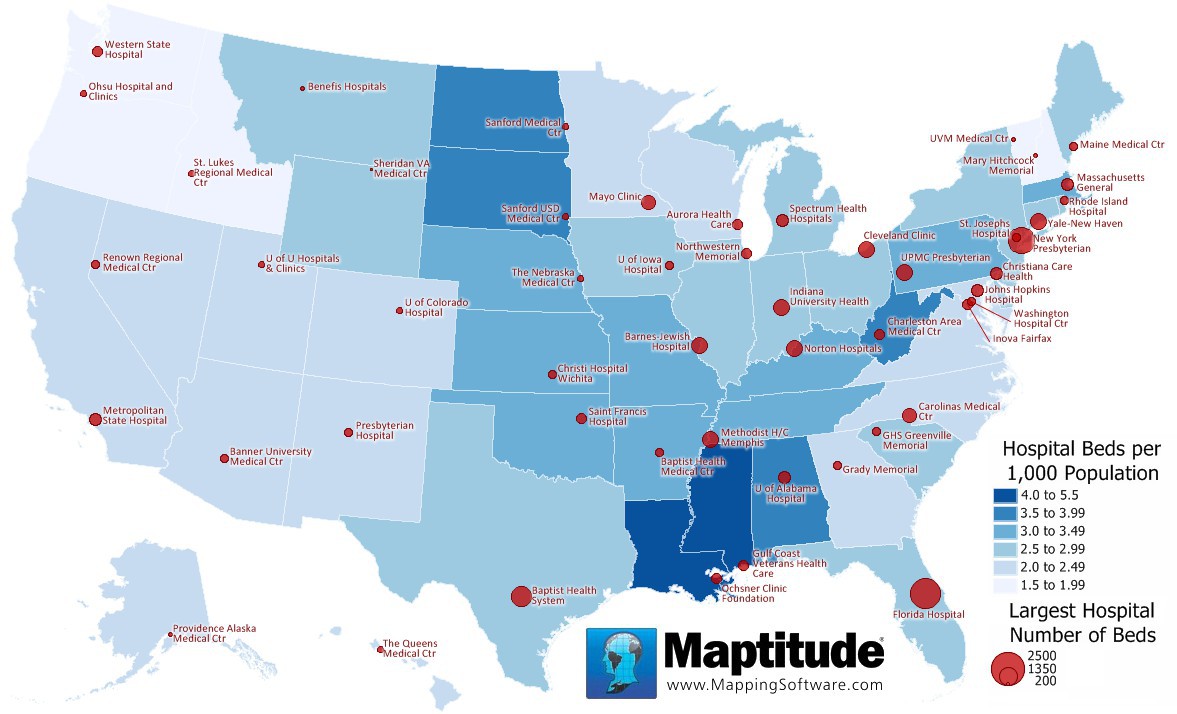Maptitude map of hospital beds per capita and largest hospital by state