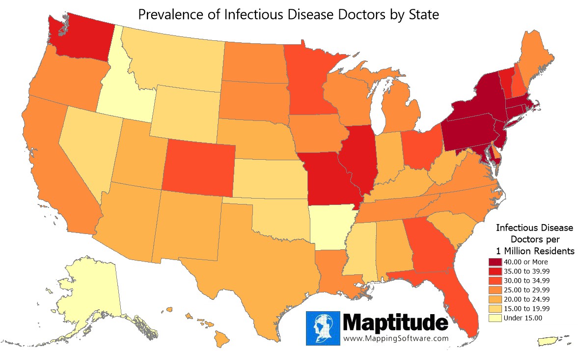 Maptitude mapping software map infographic of prevalence of infectious disease doctors by state