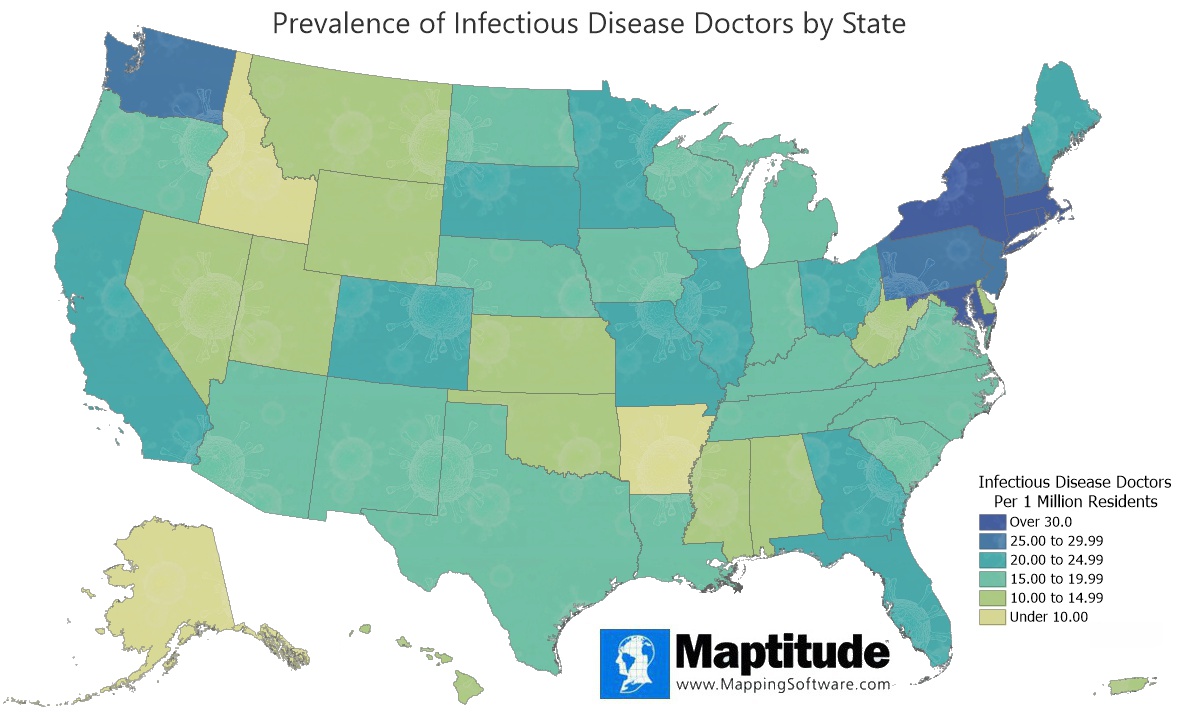 Maptitude mapping software map infographic of prevalence of infectious disease doctors by state