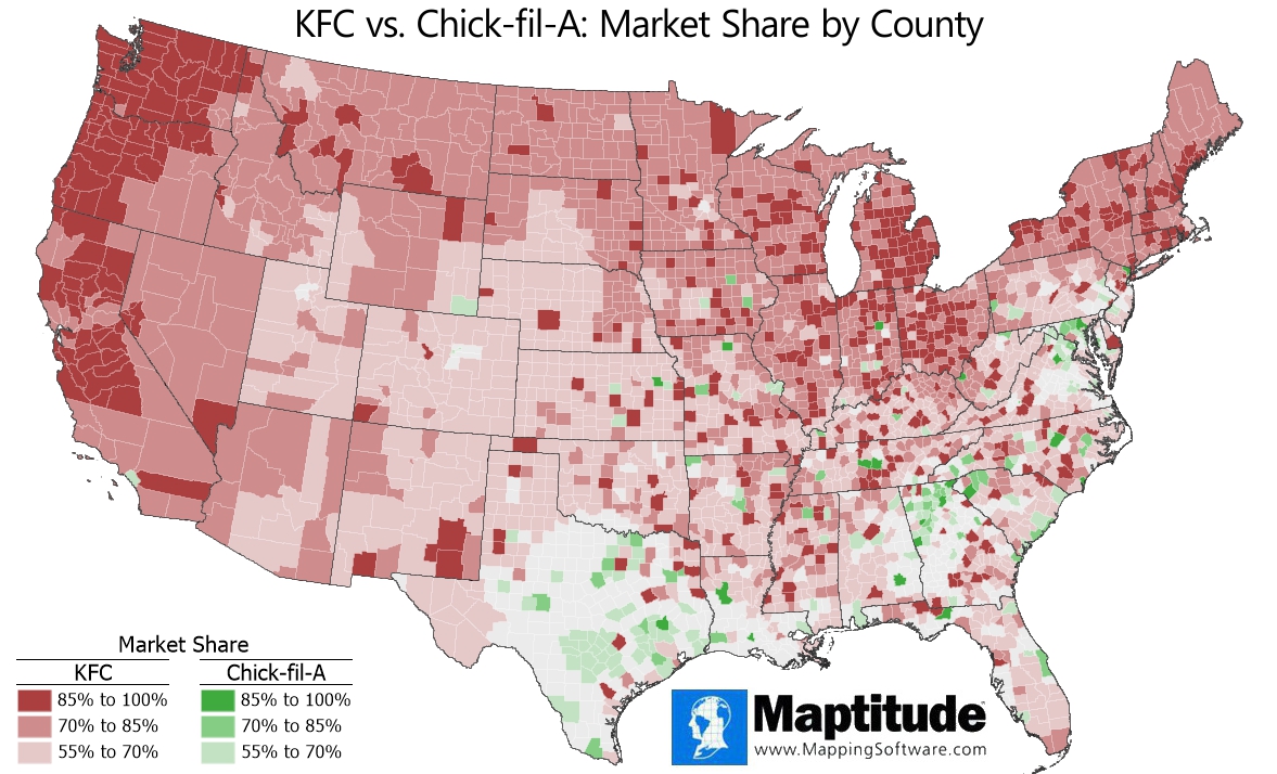 Maptitude mapping software infographic of KFC vs. Chick-fil-A brand market share by U.S. county