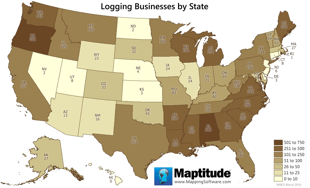 Maptitude mapping software map infographic of the number of logging businesses in each state