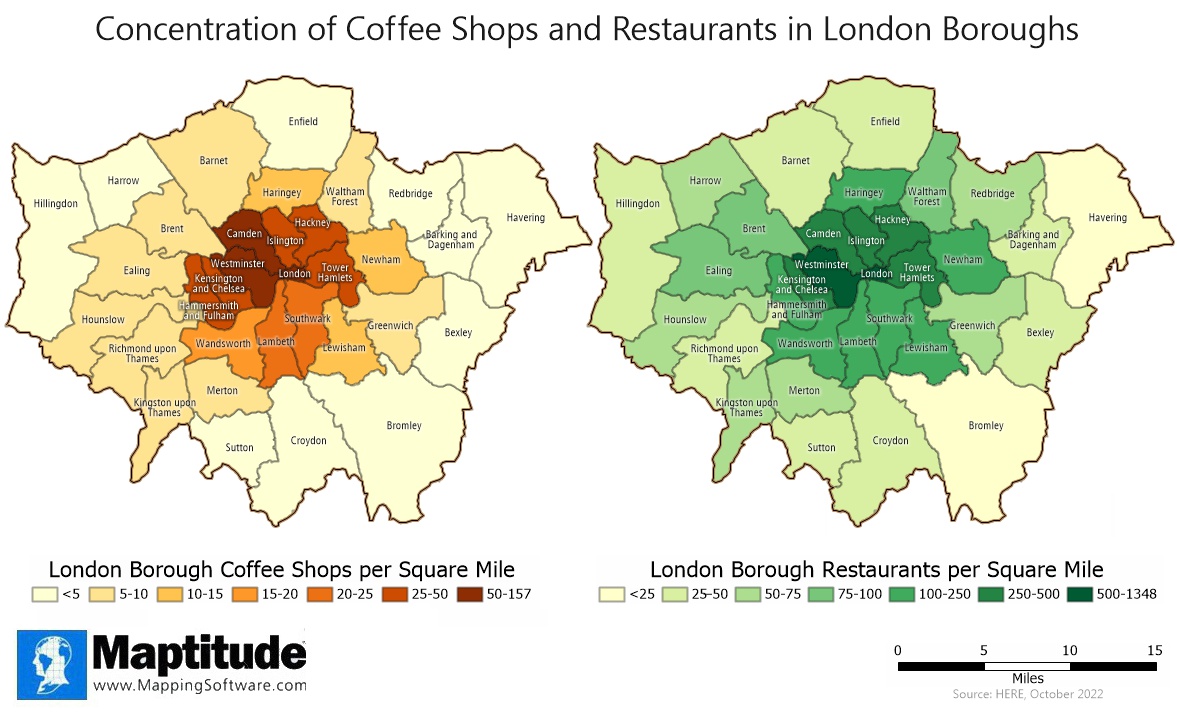 Maptitude mapping software infographic of London restaurants and coffee shops by borough