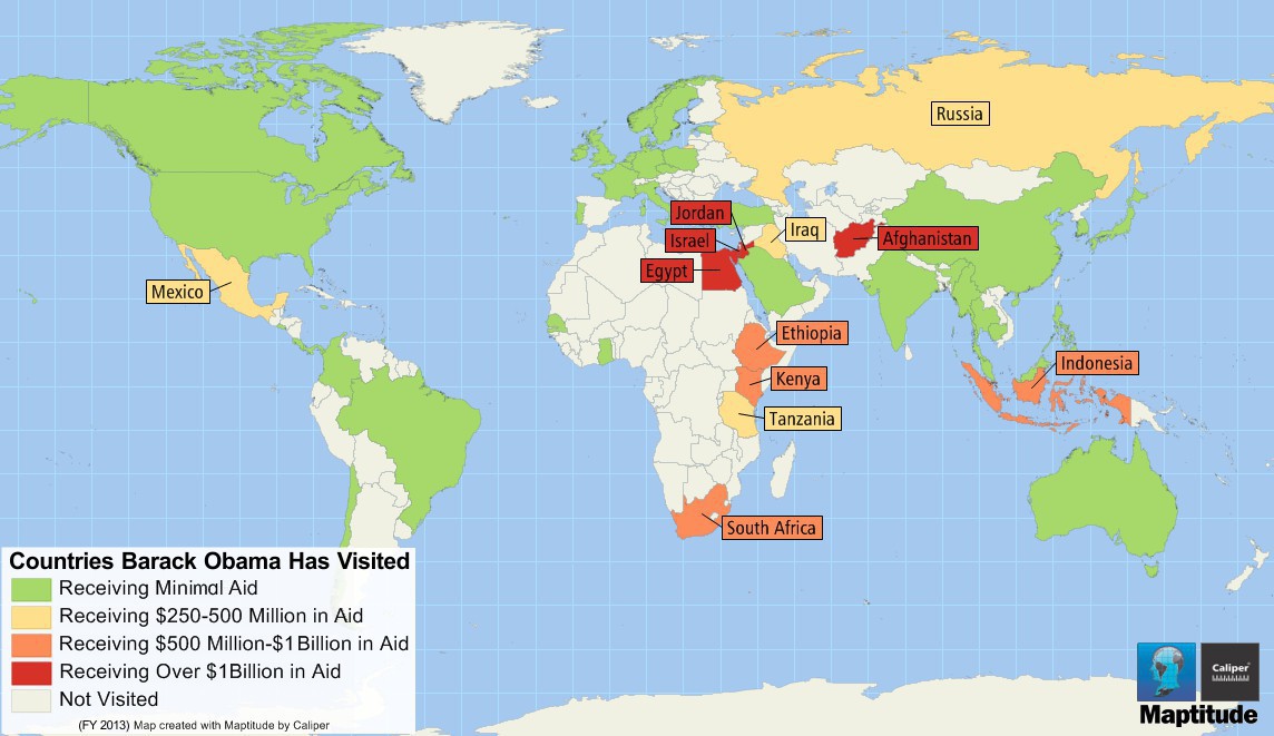 Maptitude Map of Aid Received by Countries Obama Has Visited