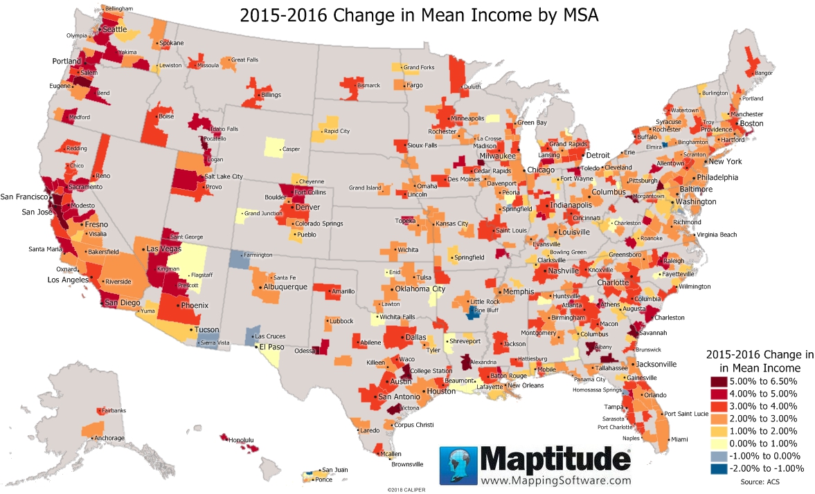 Maptitude mapping software map infographic of 2015-2016 change in mean income by MSA