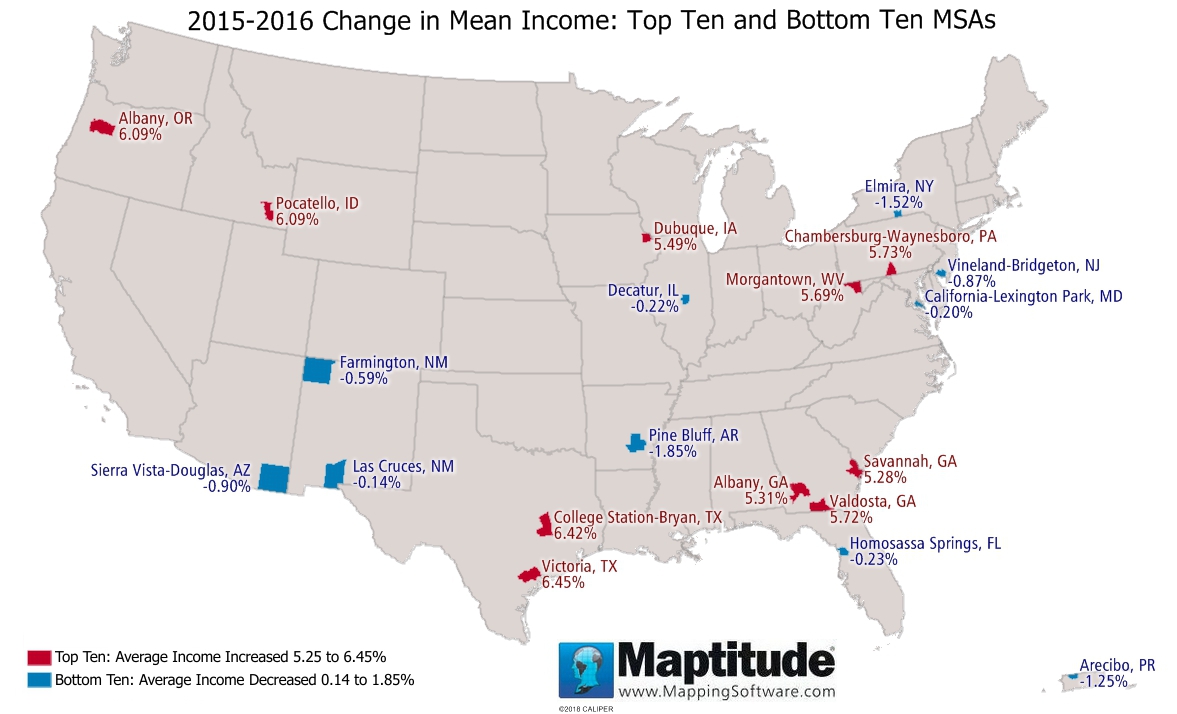 Maptitude mapping software map infographic of Top and Bottom MSAs for Mean Income Change 2015-2016