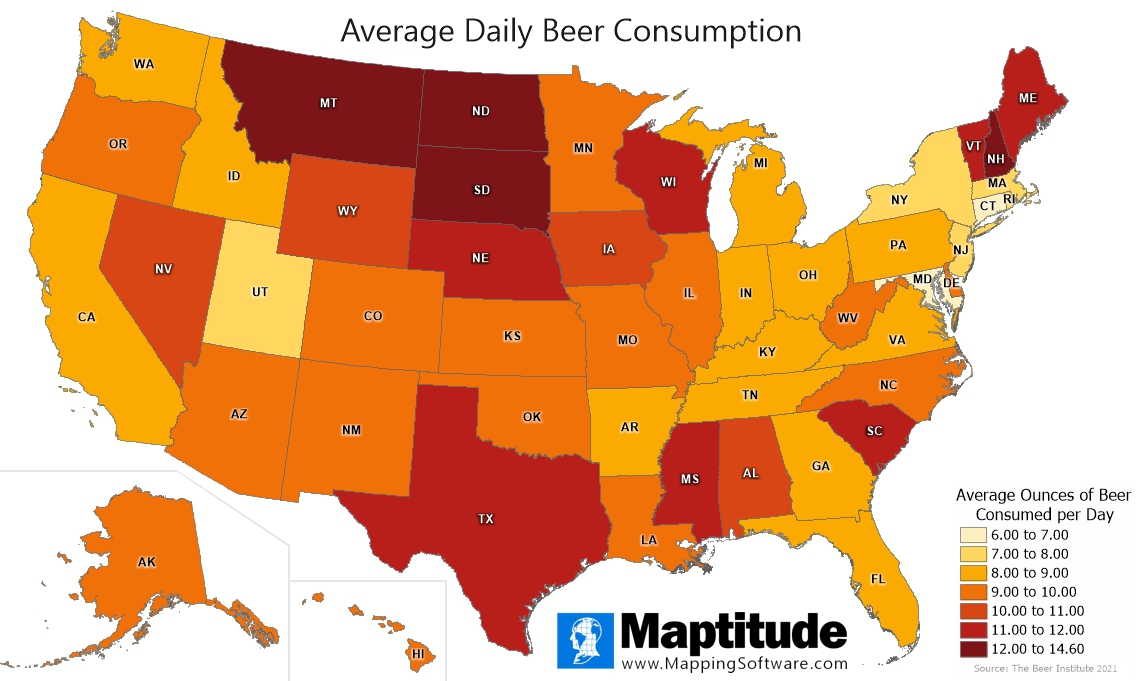 Maptitude mapping software infographic of beer consumption by state for September 28 National Drink Beer Day
