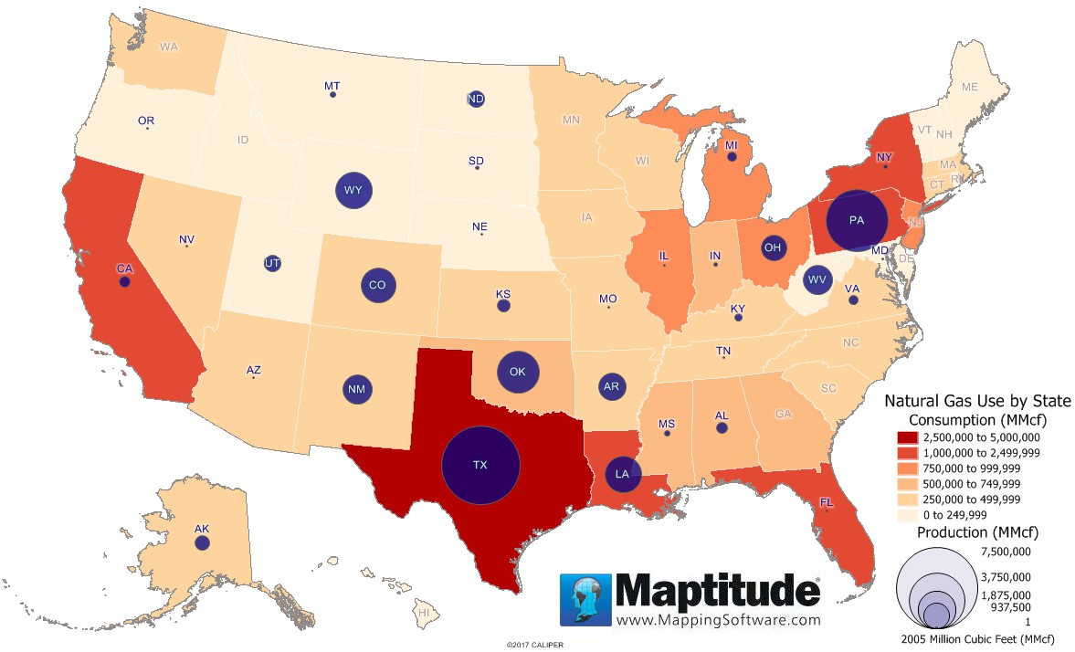 Maptitude mapping software map infographic of natural gas production and consumption per state