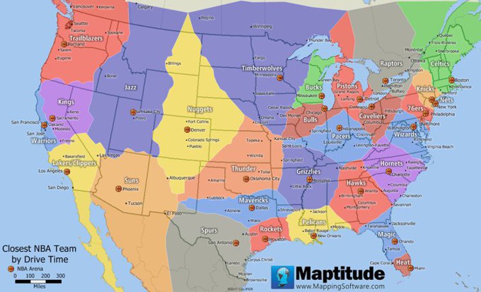 Maptitude map of closest NBA arena to where you live