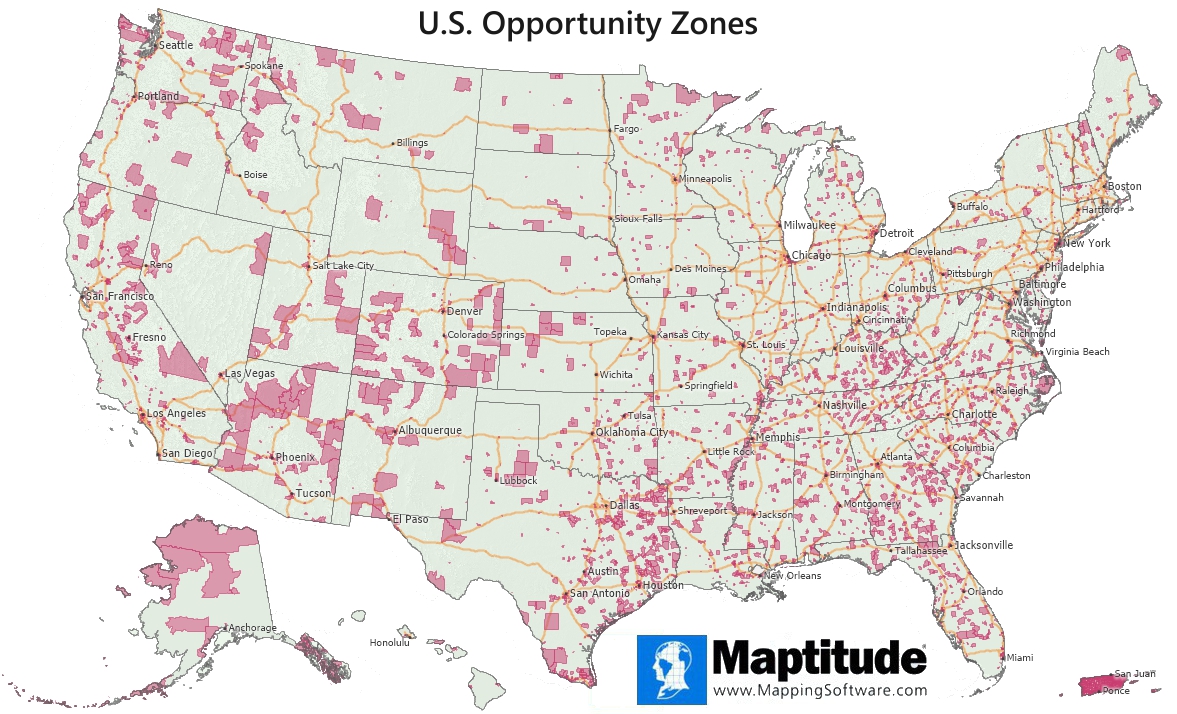 Maptitude mapping software infographic of Qualified Opportunity Zones