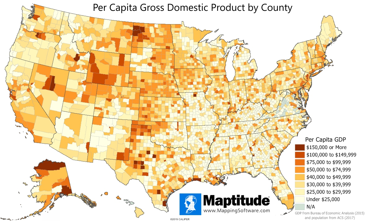 Maptitude mapping software map infographic of per capita GDP by county