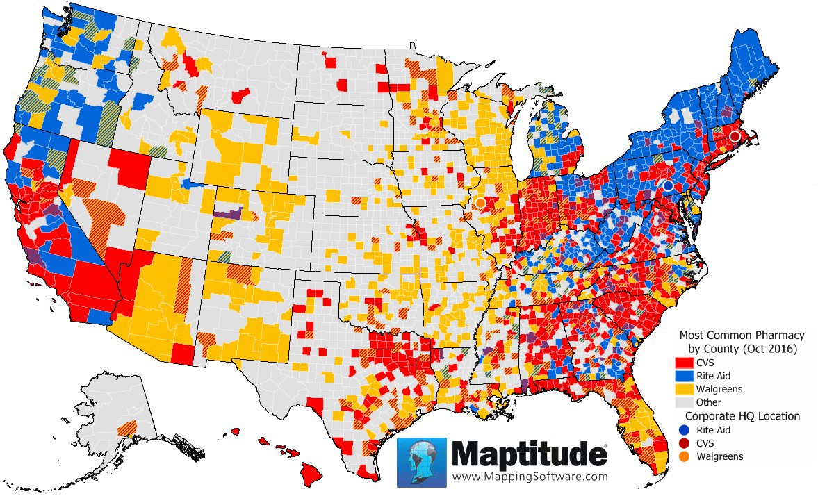 Maptitude mapping software map infographic of the dominant pharmacy chain by U.S. county