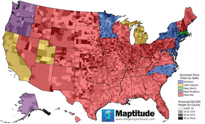 Maptitude map of largest pizza chain by state and pizzeria concentration by county