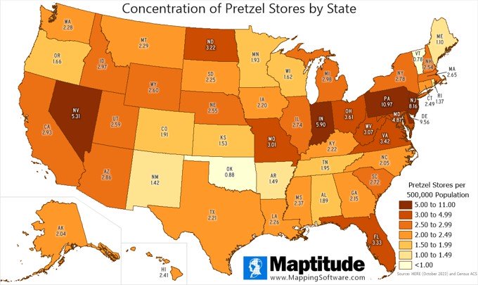 Maptitude map of pretzel stores per 500,000 population