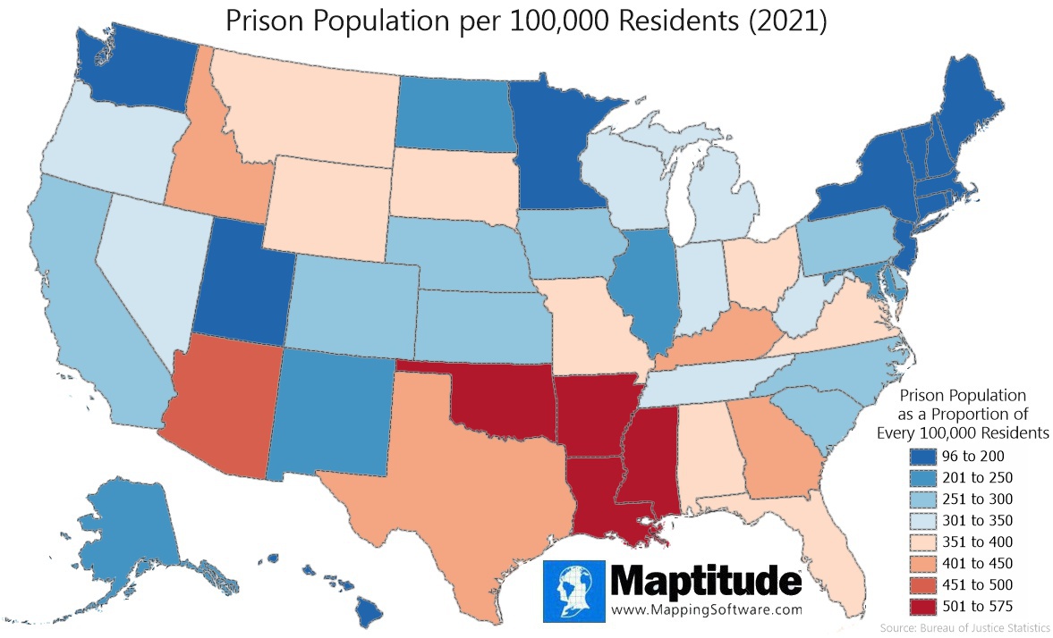 Maptitude mapping software infographic showing Prison Population Rates by State